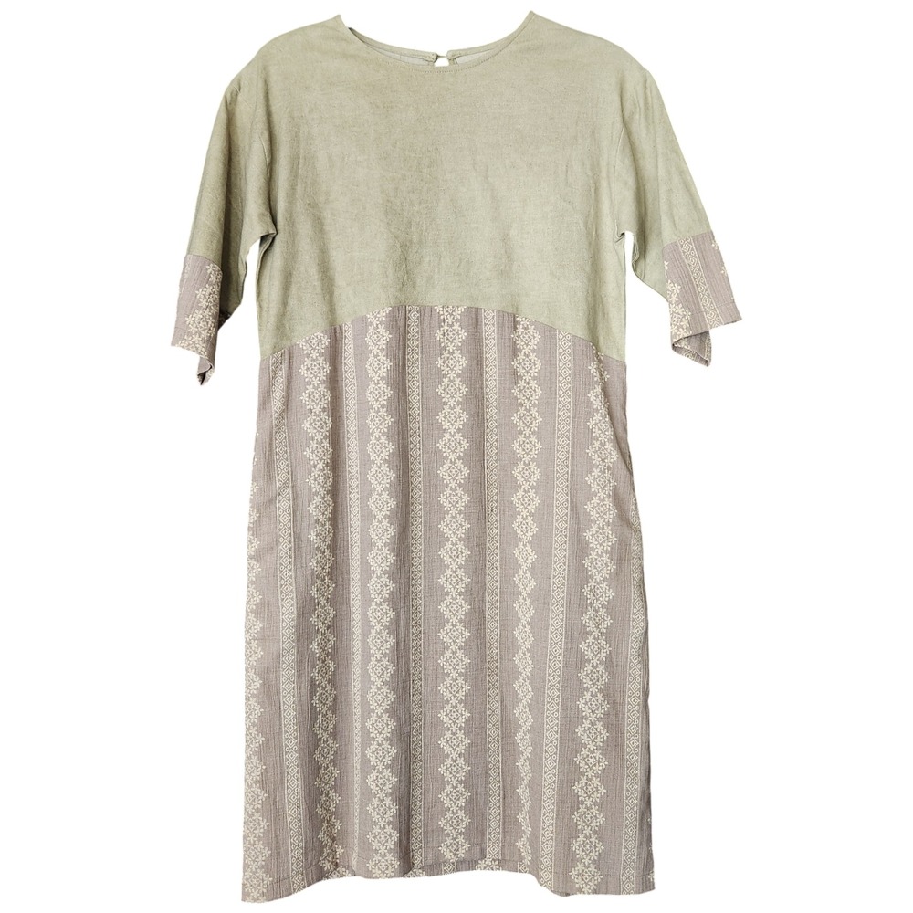 Hidden Alley 100% Linen Dress Beige Boho Pockets Small Half Sleeves‎ Lined
